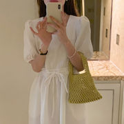 フレンチ白レモンイエローのスクエアネックスリーブロープワンピースレディな雰囲気ロングスカート