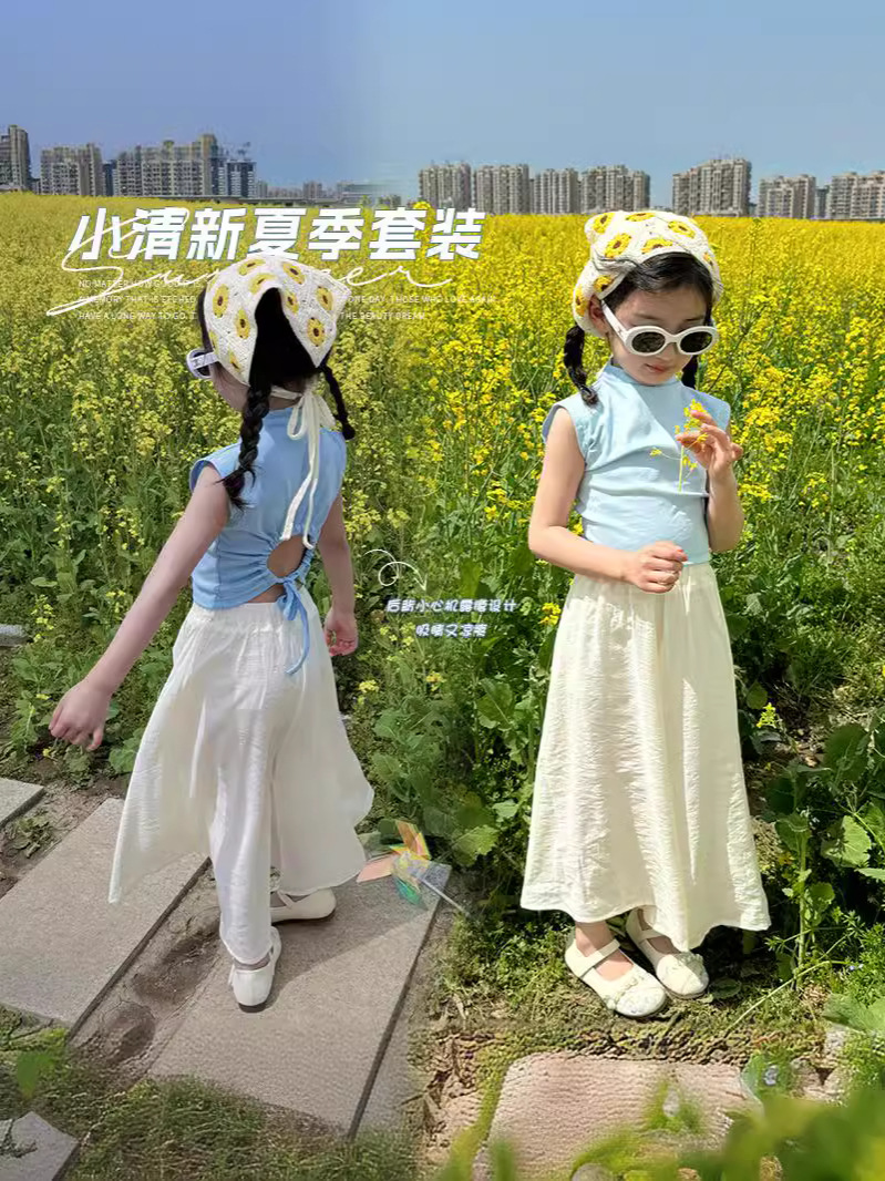 2024夏新作  韓国風子供服  キッズ服   袖なし   トップス+スカート    セットアップ  90-160cm