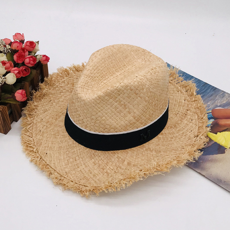 夏の日よけ大縁帽子折りたたみビーチサンバイザー韓国日焼け止めラフィ草編み帽子女性用