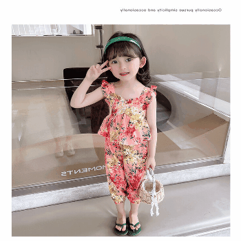 お勧め 韓国風子供服 春夏新作 女の子 フリル 花柄 袖なし上着 キャミソール シャツ+パンツ 7-15