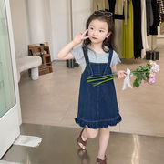 キッズデニムワンピース　バックリボン　Tシャツ　カジュアル　韓国風子供服　女の子夏物　