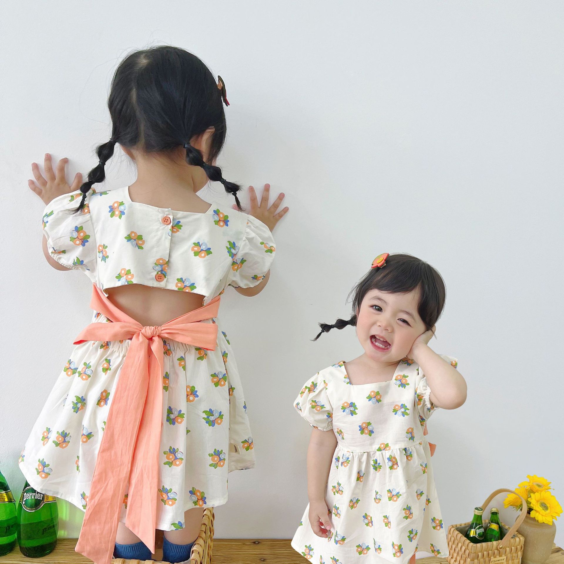 キッズワンピース　花柄　バックリボン　バルーン袖　韓国風子供服　可愛い　女の子夏物　