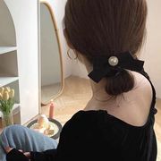 韓国春の新しいフレンチムードins黒リボンパールシュシュゴムヘアピン髪飾り女