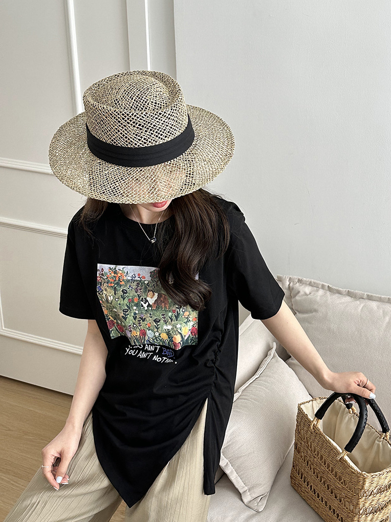 2023夏の韓国風花柄トップスニッチ丸首レトロギャザーサイドベンツ半袖Tシャツ965