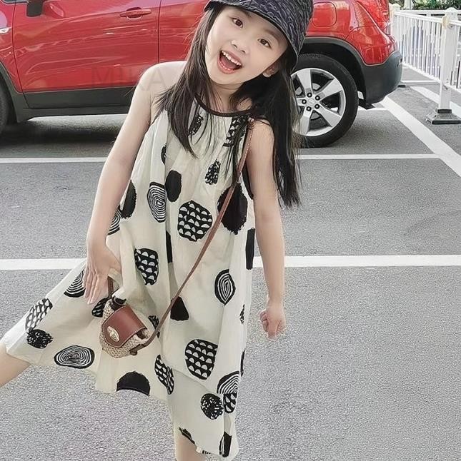 INS  2023夏新作  可愛い   韓国風子供服   チョッキスカート プリント  袖なし   ワンピース   7-15