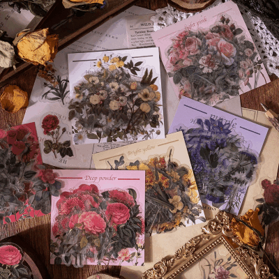 PETステッカー シール アンティーク イラスト 和風 花フラワー バラ 向日葵 植物図鑑 40枚入