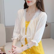 uvカットカーディガン レディース 春夏 薄手 シフォンカーディガン 白レースブラウス 七分袖トップス