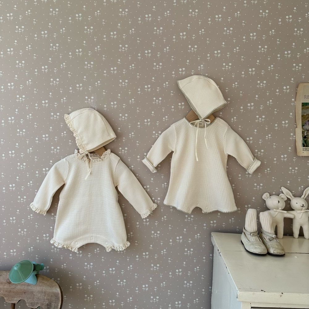 2023秋新作　ベビー服　ワッフル　ロンパース　無地　カバーオール　可愛い　ボンネット付き　出産祝い