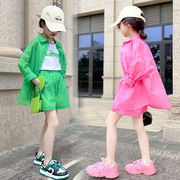 女の子の夏のファッションスーツ 2023 新作 子供服用日焼け止め服ショーツ 2 点セット キッズ アパレル