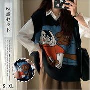 韓国ファッション 学院風ウール ニットベスト＋シャツ　女性ゆったりセーターベスト　2点セット