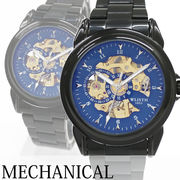 自動巻き腕時計 シンプルスケルトン ブラックケース メタルベルト 機械式 WSA023-BLU メンズ腕時計