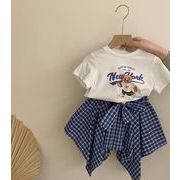 2025 夏新作  韓国風子供服  ベビー服  半袖   Tシャツ トップス  ホワイト  or チェック柄    スカート