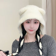 レディース帽子　クマ耳　ニットキャップ　リボン付き　韓国ファッション　秋冬　かわいい