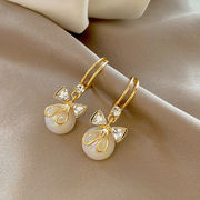 925銀 リボンイヤリング クリスタル 真珠のイヤリング 韓国ファッション レトロ レディース イヤリング
