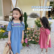 2022年 夏新作 子供服  かわいいドレス 薄い 麻綿 スクエアカラー 刺&#32353;ドレス ワンピース