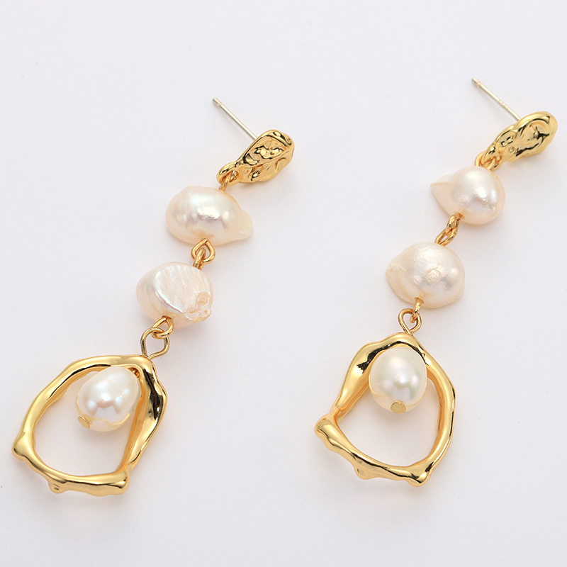 ファッションメタルゴールド幾何学的な長い淡水真珠のイヤリングs925シルバーニードルイヤリング