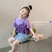 夏 子供服 パープル半袖 ファッショナブル 半袖 Tシャツ 韓国の子供服 女の子