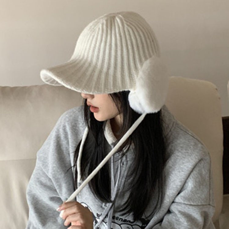 レディース帽子　イヤーニットキャップ　リボン付き　韓国ファッション　秋冬　全5色