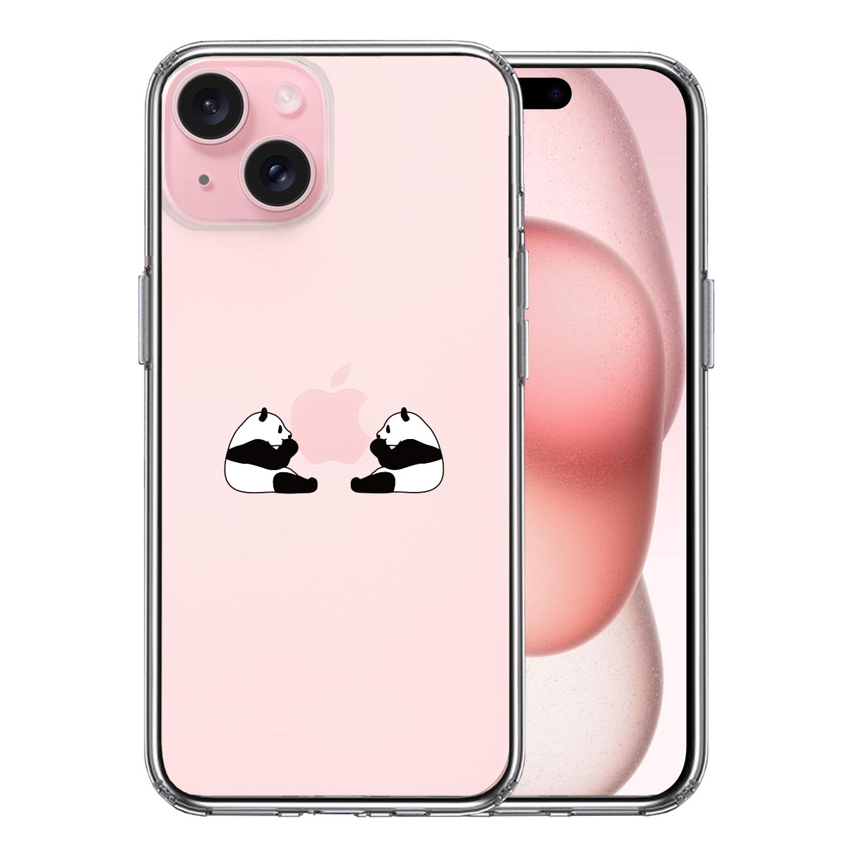 iPhone 15 Plus 側面ソフト 背面ハード ハイブリッド クリア ケース 双子 パンダ りんご モグモグ