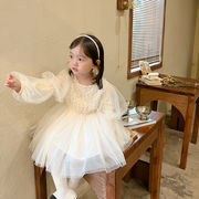 秋冬子供 ワンピース  厚いドレス  パール ワンピース  パフスリーブ  女の子 韓国の子供服