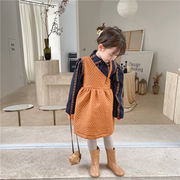 韓国の子供服2022ガールズフローラルシャツ+キルティングコットンストラップバックレスツーピーススカート