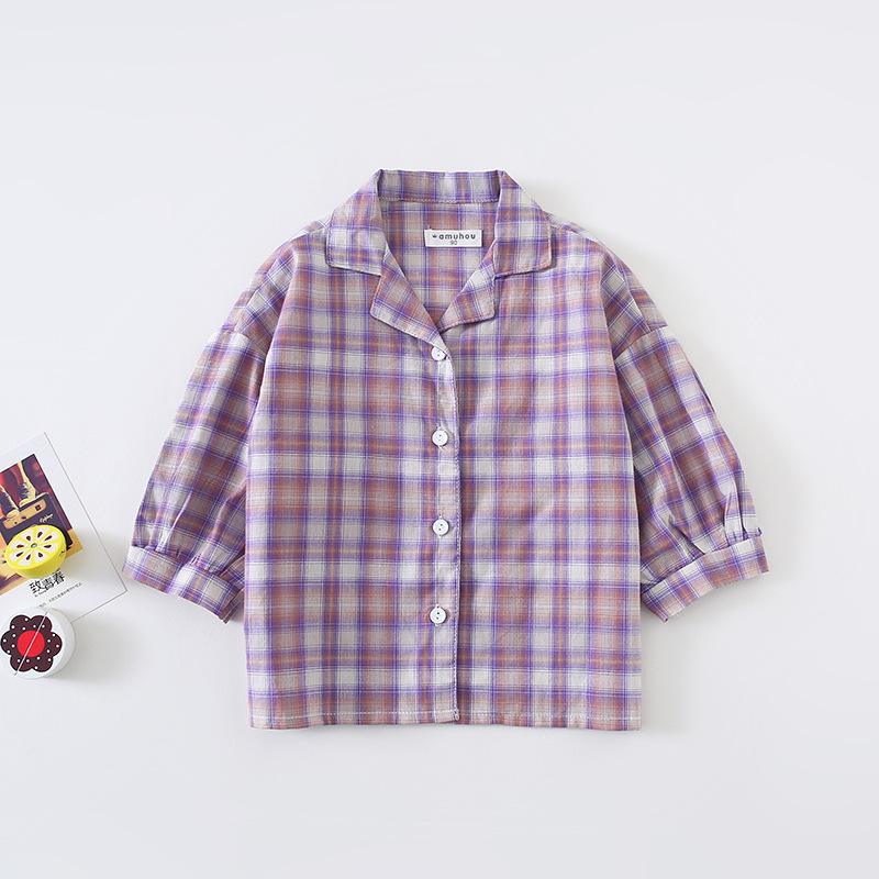 春秋新作 子供服 ガールズシャツ かわいい 紫のチェック柄シャツ ルーズフィット長袖トップス