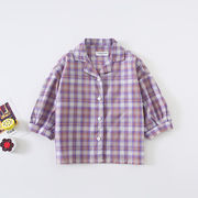 春秋新作 子供服 ガールズシャツ かわいい 紫のチェック柄シャツ ルーズフィット長袖トップス