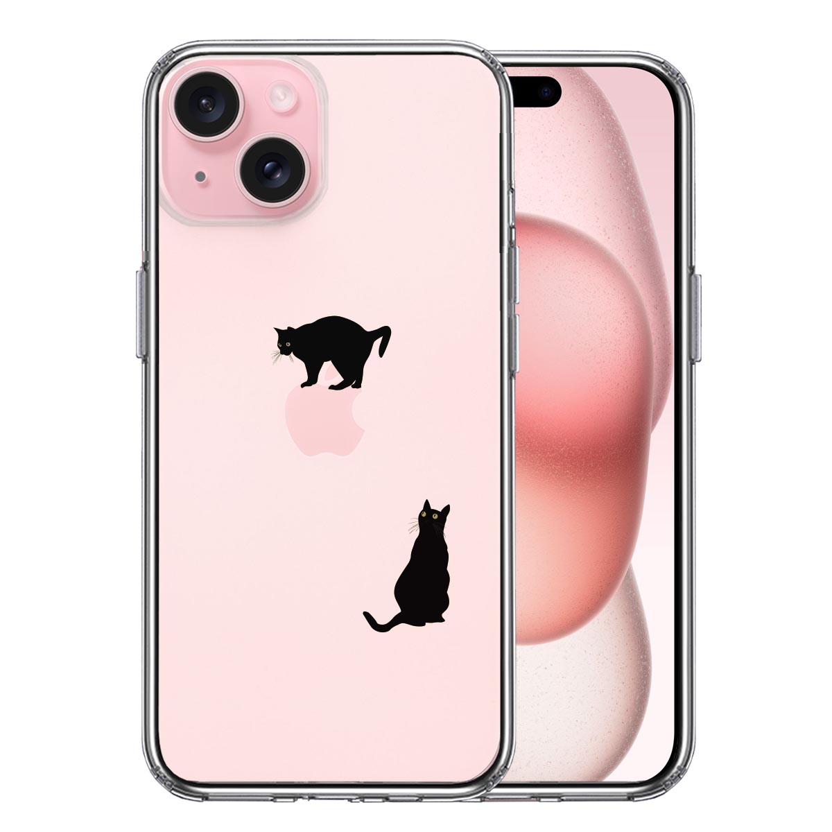 iPhone15 側面ソフト 背面ハード ハイブリッド クリア ケース 猫 りんご制覇 いいな