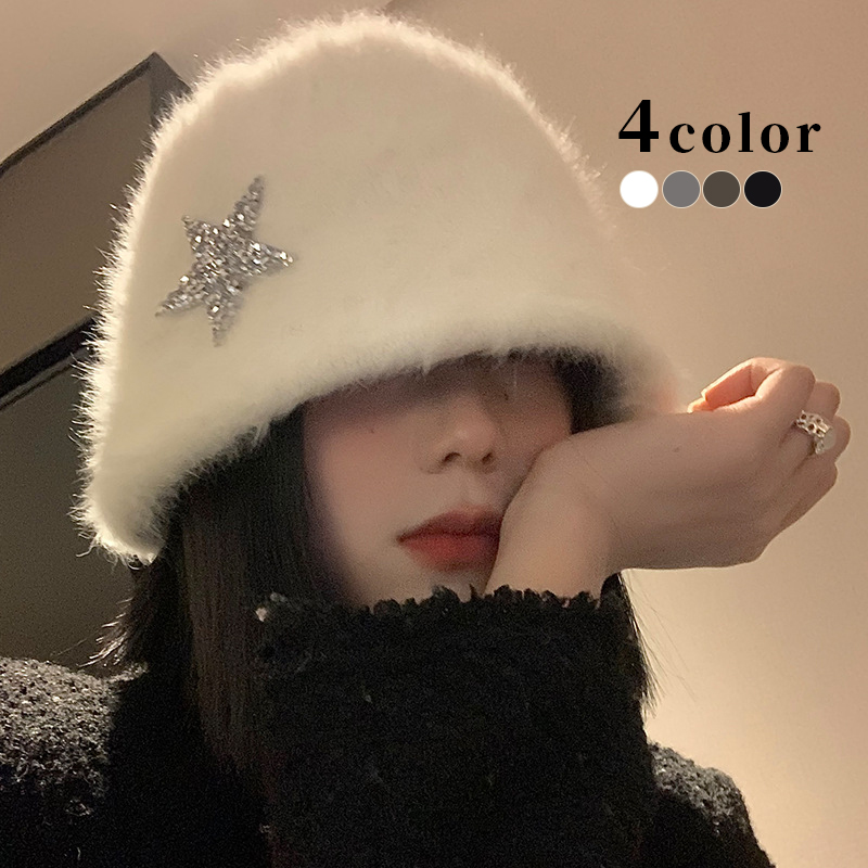帽子　ファーバケットハット　星　レディース　韓国ファッション　デザイン　秋冬　4colors