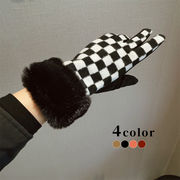 手袋　レディース　チェック柄　ファー　韓国ファッション　デザイン　秋冬　全5色