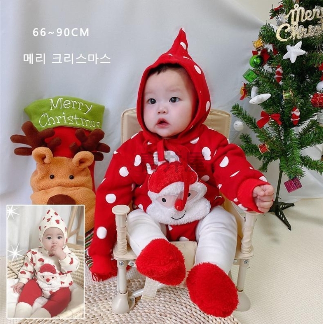 激安 韓国風子供服 ベビー服 キッズ クリスマス ロンパース 帽子付き 裏起毛 サンタ服 可愛い 2色