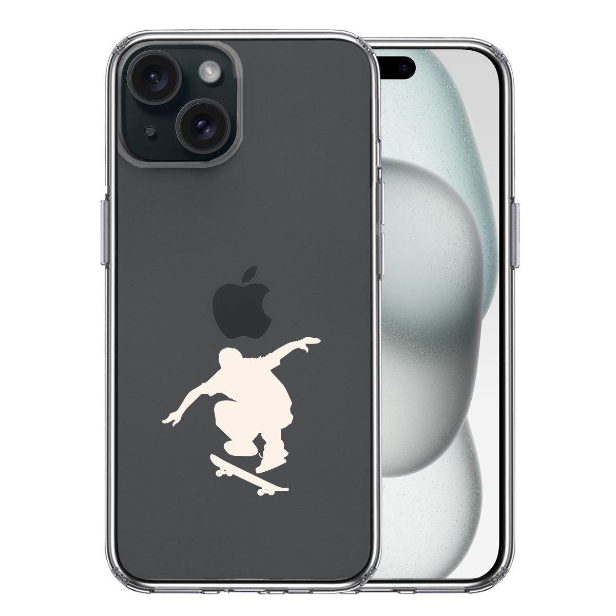 iPhone15 側面ソフト 背面ハード ハイブリッド クリア ケース スケートボード ホワイト