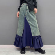初回送料無料　新作秋冬のゆったりとしたパッチワークデニムのaラインスカート　人気商品