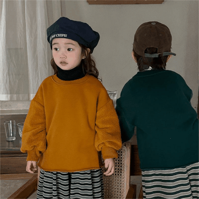 秋冬 ユニセックス ナチュラル系 韓国風子供服 ボア 裏起毛 フーディ プルオーバー 厚手上着 80-140