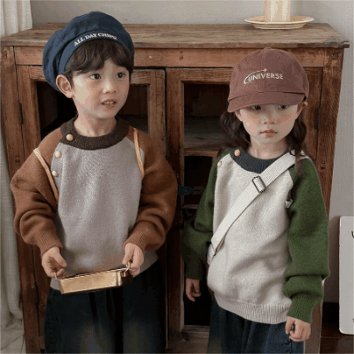 秋冬 ユニセックス ナチュラル系 韓国風子供服 3-8歳 カラーブロック ニット セーター 厚手上着 80-140