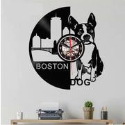 犬柄ボストンテリア ビニールレコード 壁時計 壁 家の装飾  LEDサイレントウォールクロック