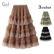 ★全3色★　レディースロングスカート　シフォンティアードスカート　韓国ファッション