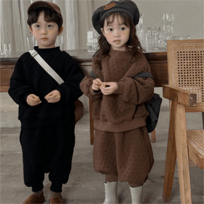 秋冬 ユニセックス ナチュラル系 韓国風子供服 裏ボア裏起毛 プルオーバー 厚手 上着+ズボン 80-140