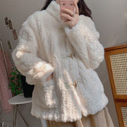 韓国ファッション 秋 冬 パールボタン コート 暖かい sweet系 ラペル ギャザリング 可愛い 大人気