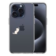 iPhone15 Pro 側面ソフト 背面ハード ハイブリッド クリア ケース 猫 リンゴ キャッチ ホワイト