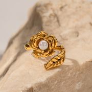 金メッキ ステンレスのリング  パール 椿の指輪 レディース  カメリア指輪 フリーサイズのリング