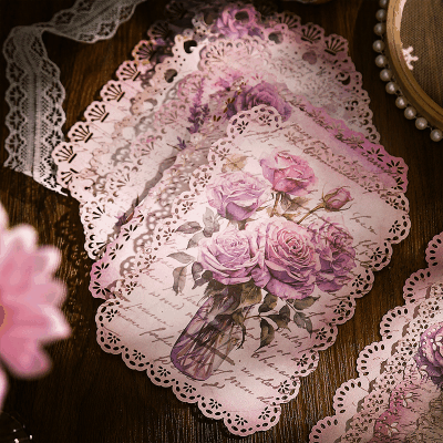 インテリア ペーパー 素材紙 アンティーク メモ用紙 花フラワー 薔薇ローズ レース枠 イラスト 10枚入