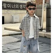 2024  韓国風子供服 チェック柄   トップス  シャツ  男女兼用  半袖  ハワイ
