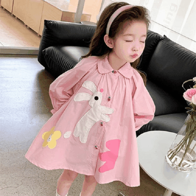 春新作 韓国風子供服 ガール シフトドレス ロングスリーブ ウサギ シャツドレス ワンピース ワンピ 7-15