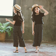 女の子 夏の新作 韓国子供服 半袖 無地のトップ  ドットワイドレッグパンツ  ツーピースセット