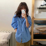 ブルーシャツ 韓国 シンプルな 重ね長袖 刺繍シャツ 女性 綿