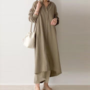 シャツワンピース　ワンピース レディース 長袖 大きいサイズ おしゃれ 秋 無地 着痩せ フリーサイズ