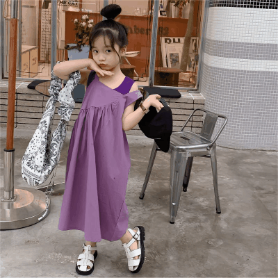 春夏 韓国風子供服 3-8歳ガールズ ワンピース ジャンパースカート ギャザー 袖なし上着+ワンピ 90-140