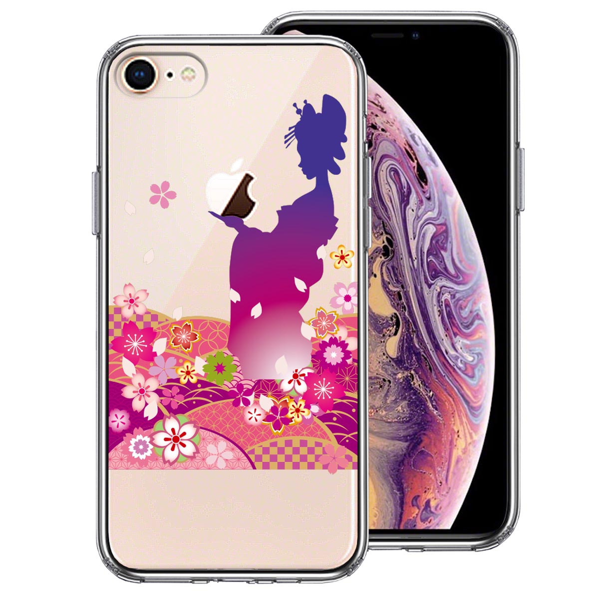iPhone8 側面ソフト 背面ハード ハイブリッド クリア ケース 日本女性 着物少女 青紫