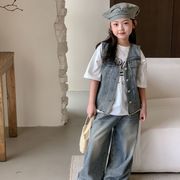 子供服　90~150cm　キッズデニムベスト＋デニムパンツ　セットアップ　韓国キッズ服